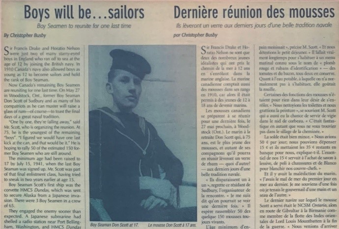 Ancien article de presse présentant Don Scott. Don est photographié dans son uniforme de marin.