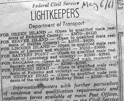 A newspaper advertisement for lighthouse keepers in the Chronicle Herald 1961 that says, “Open to qualified male residents”.