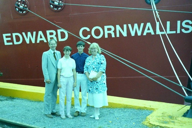 Don, Rob and family standing in front of CCGS Edward Cornwallis vessel in 1986