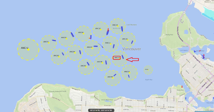 M/V Marathassa's position: This is a map depicting the anchorage positions within English Bay, Vancouver, British Columbia. An arrow points at Anchorage 12, where the M/V Marathassa was situated.