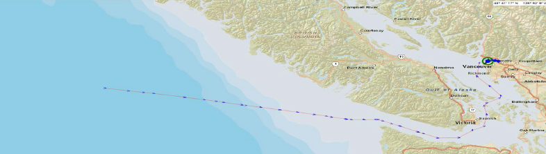 Automatic Identification System data tracking a portion of the M/V Marathassa's journey into English Bay: This is a map depicting the through the North Pacific Ocean, the Strait of Juan de Fuca, and into English Bay, Vancouver, British Columbia.
