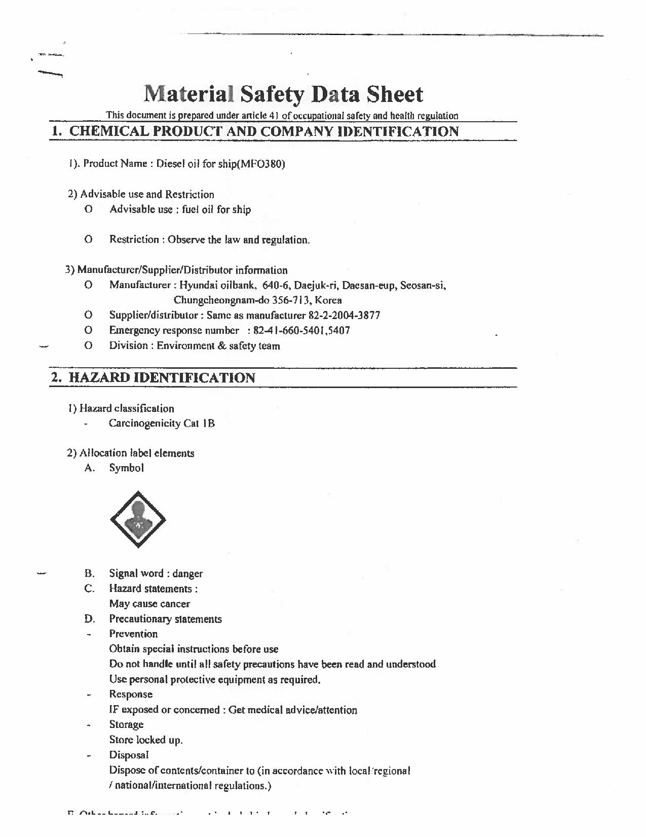 Version anglaise seulement - Page 1 numérisée de la Fiche technique sur la sécurité des substances présentes à bord le M/V Marathassa