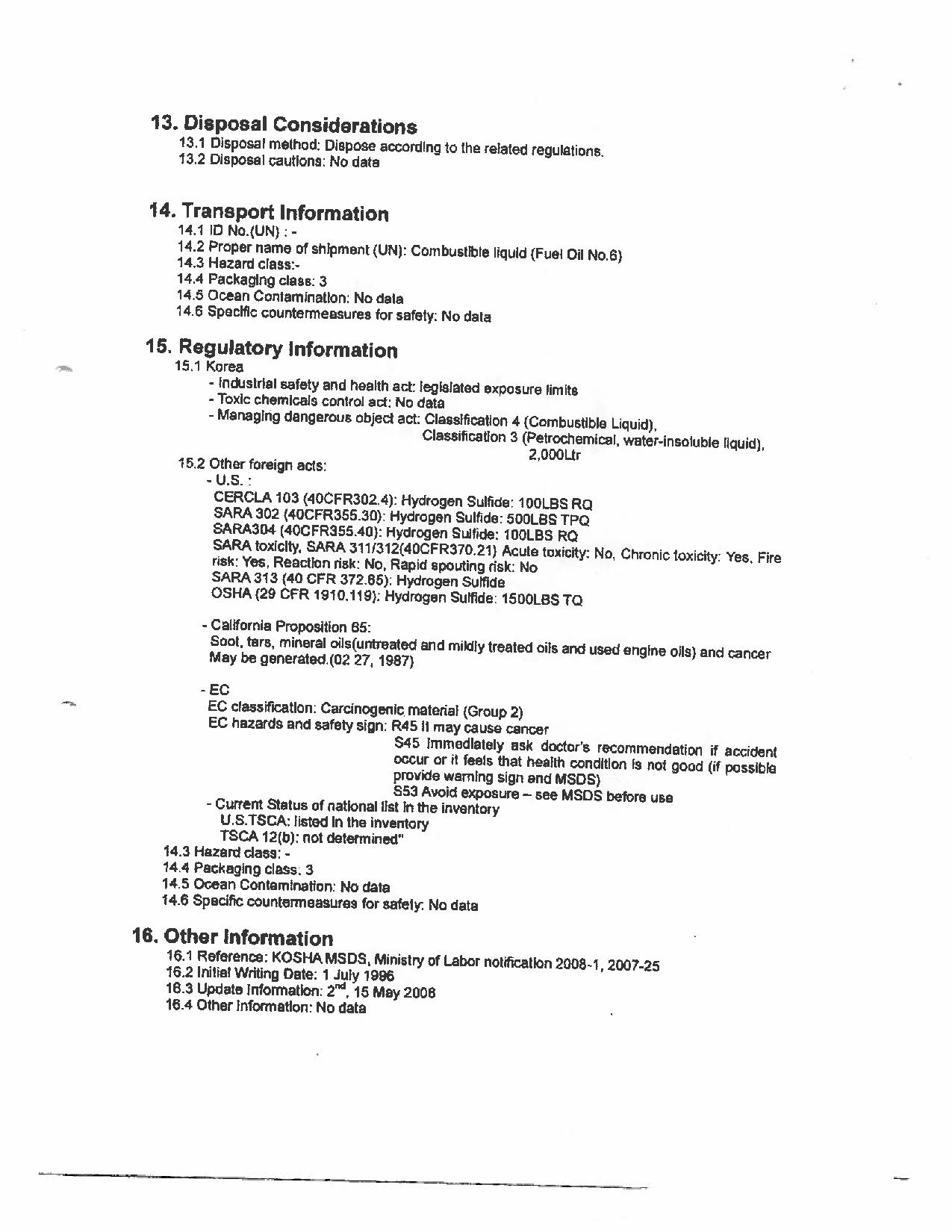 Version anglaise seulement - Page 6 numérisée de la Fiche technique sur la sécurité des substances présentes à bord le M/V Marathassa