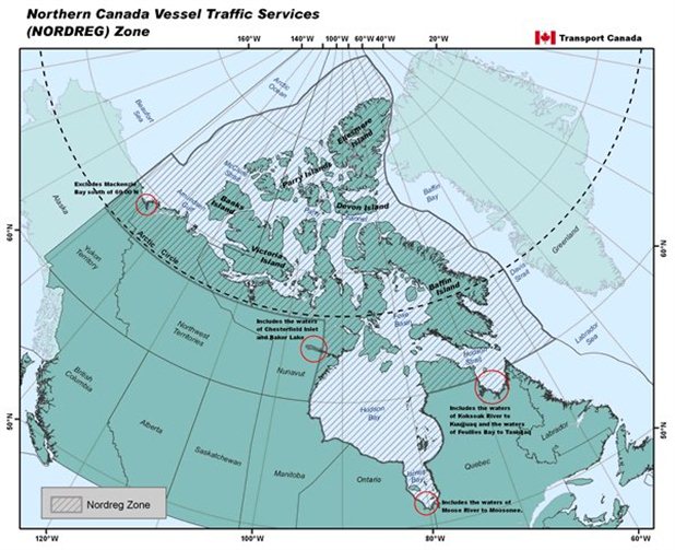 Map of Northern Canada Vessel Traffic Services Zone