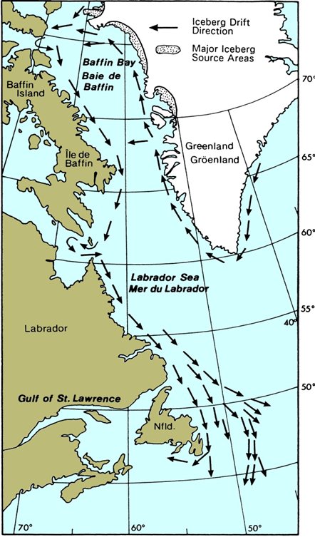 Map of Sources and Main Tracks of Icebergs in Canadian waters