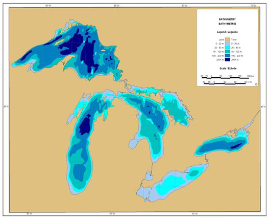 Carte de Bathymétrie des Grands Lacs (Carte courtoisie d'Environnement Canada)