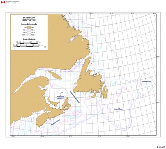 Map of Bathymetry of the East Coast (Chart courtesy of Environment Canada)