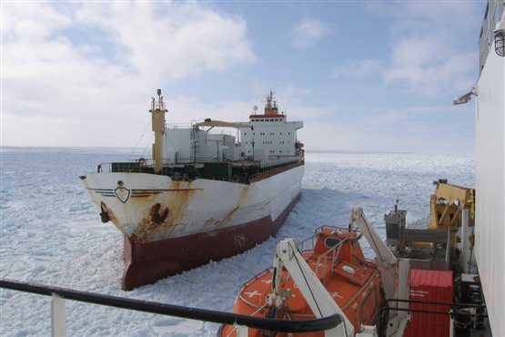 Icebreaker backing alongside vessel to free it from the ice