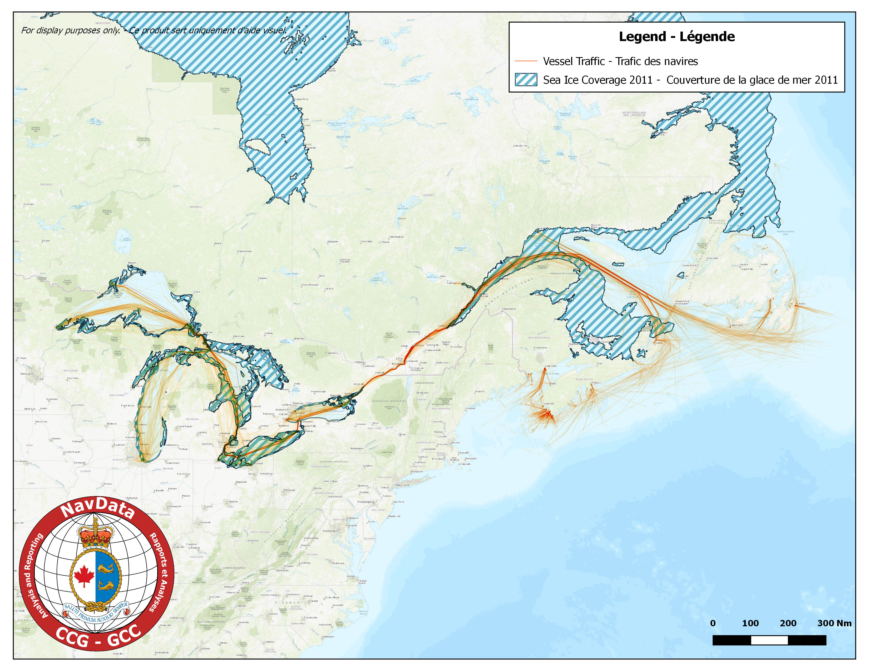 Map showing southern canada traffic density and maximum ice coverage for season of 2011