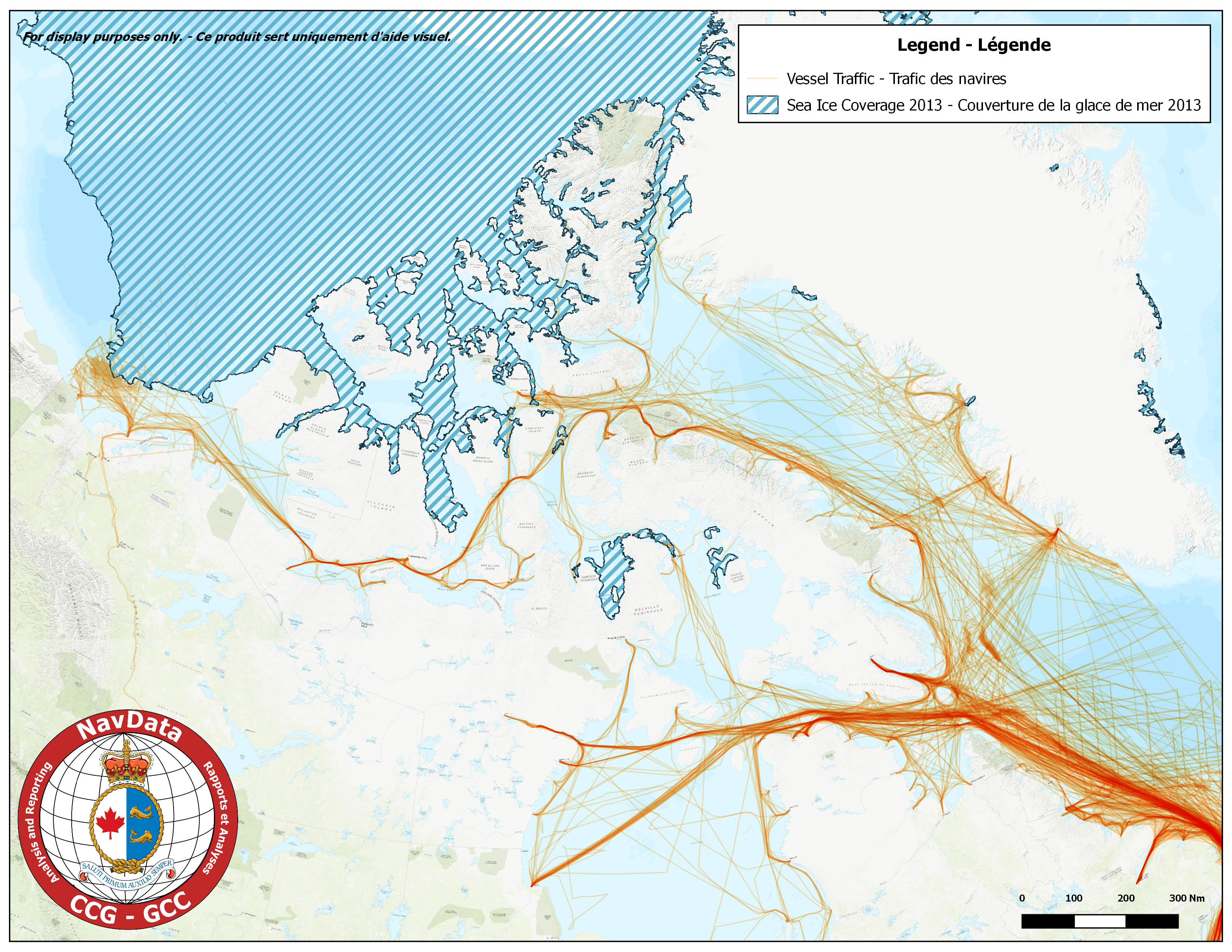 Map showing Arctic traffic density and maximum ice coverage for season of 2013