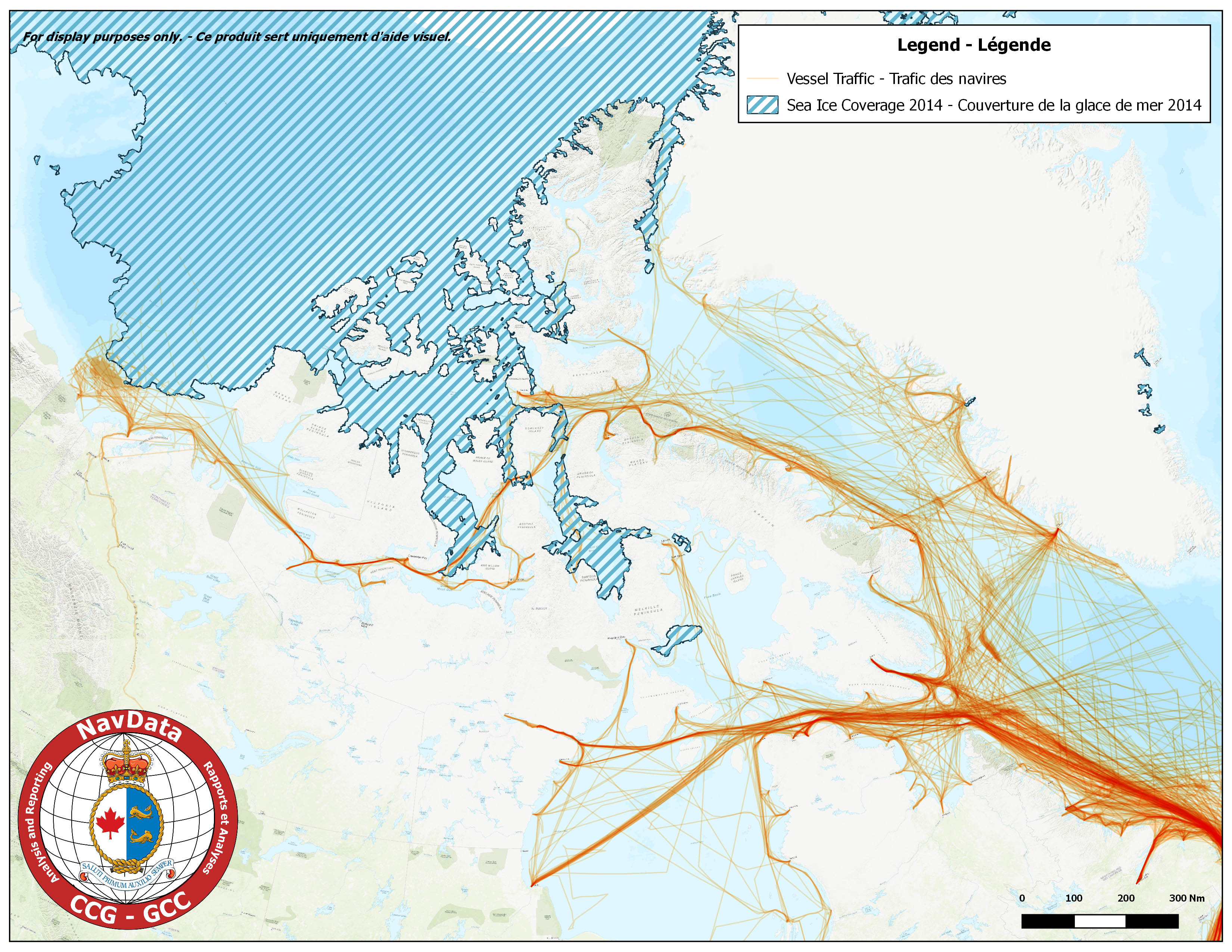Map showing Arctic traffic density and maximum ice coverage for season of 2014