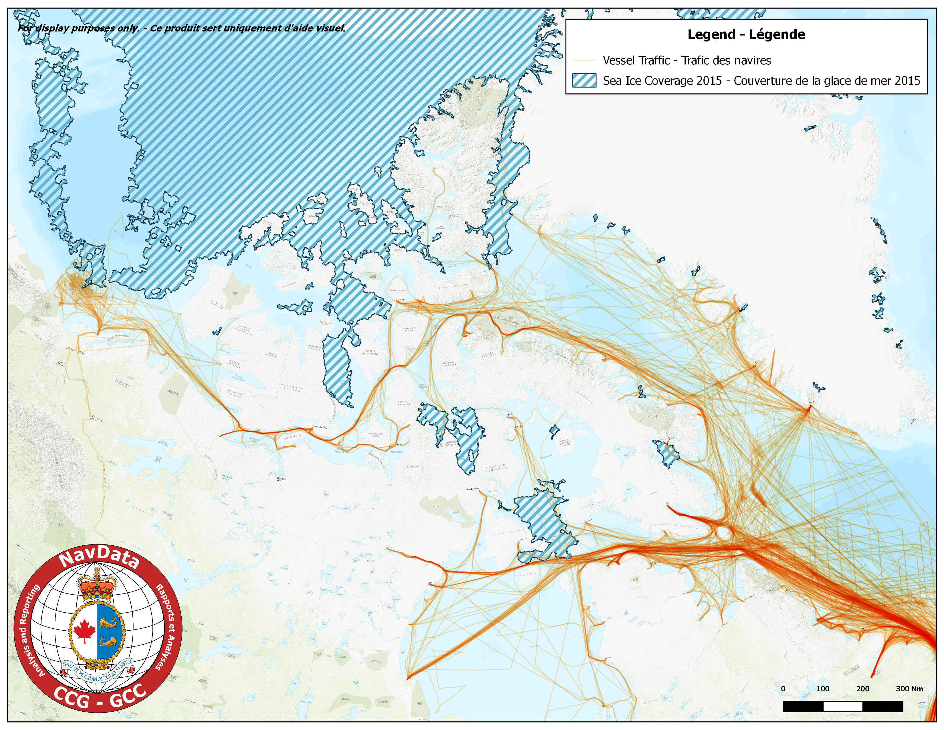 Map showing Arctic traffic density and maximum ice coverage for season of 2015