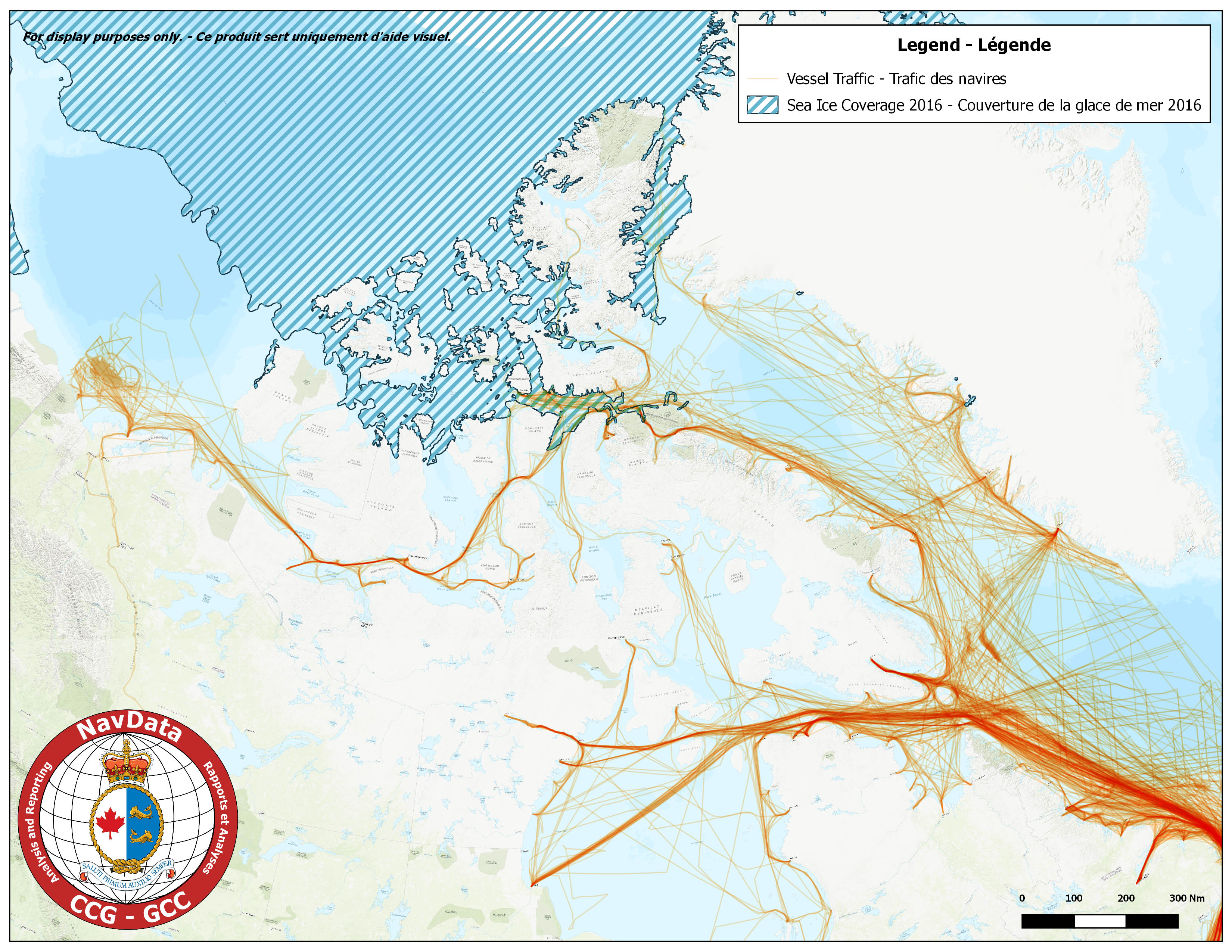 Map showing Arctic traffic density and maximum ice coverage for season of 2016