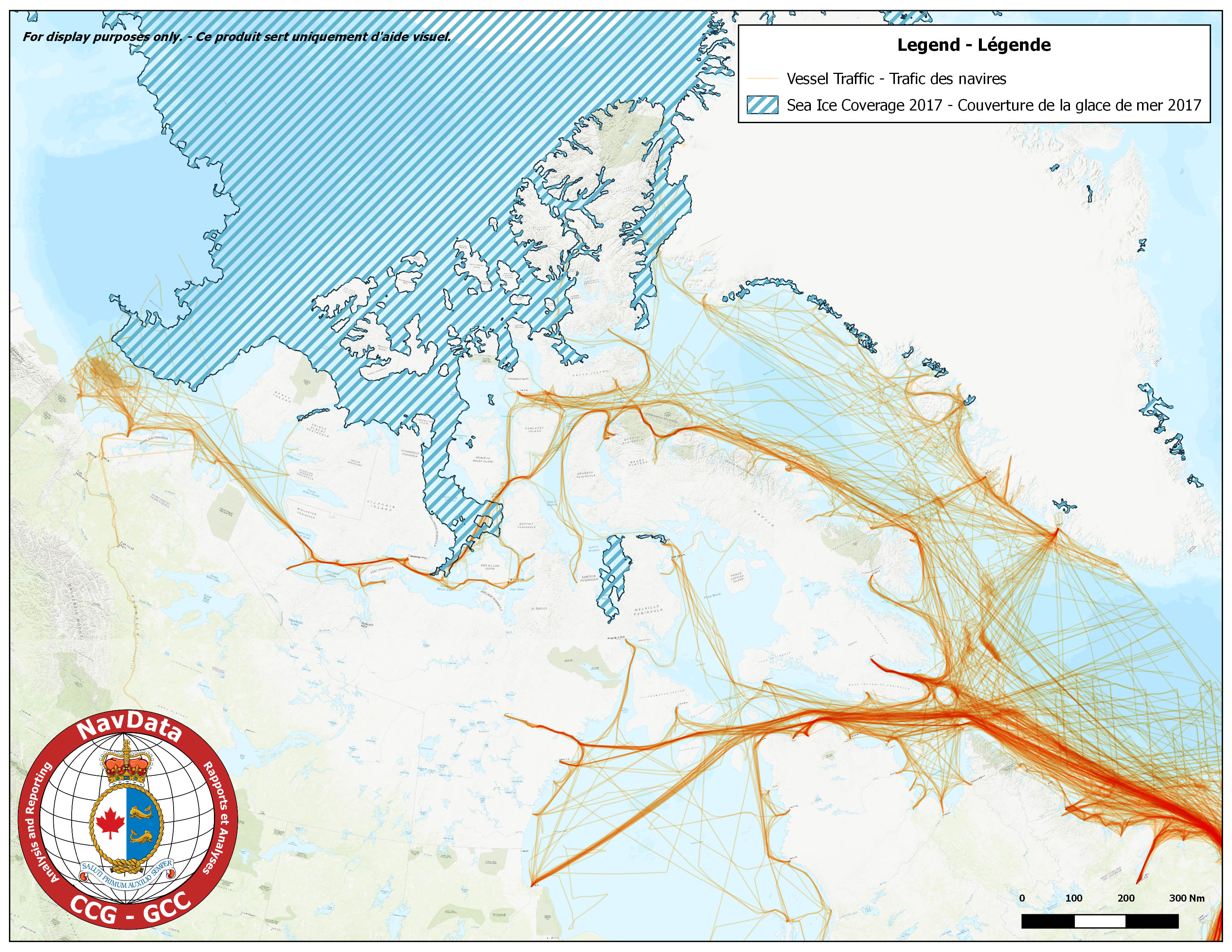 Map showing Arctic traffic density and maximum ice coverage for season of 2017