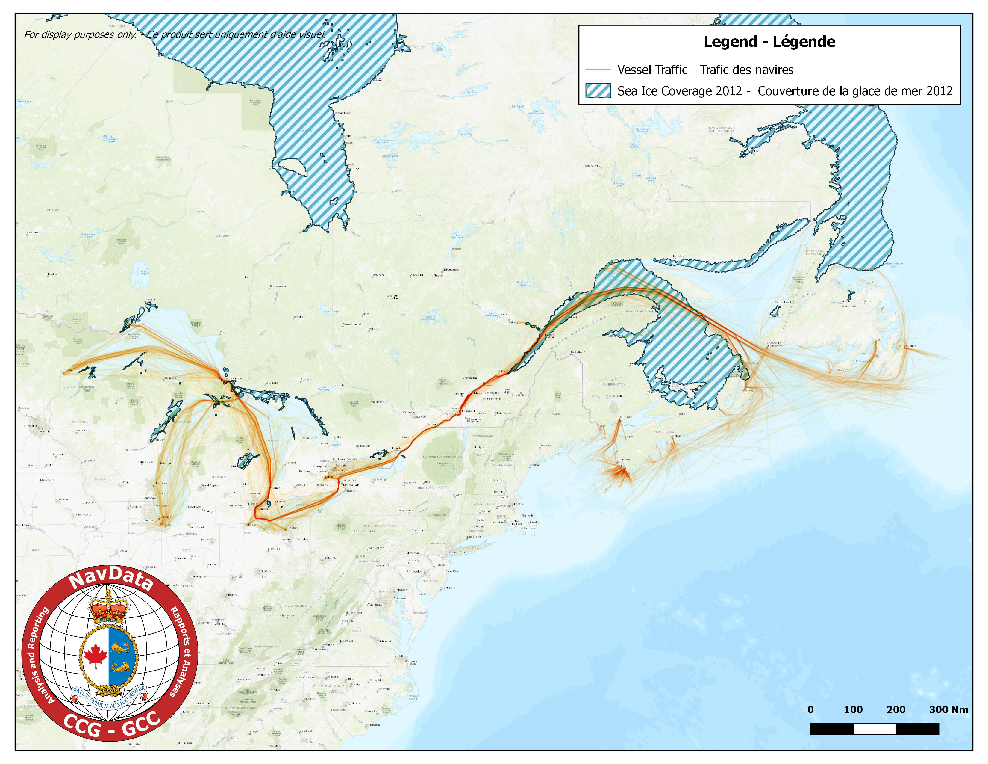 Map showing southern canada traffic density and maximum ice coverage for season of 2012