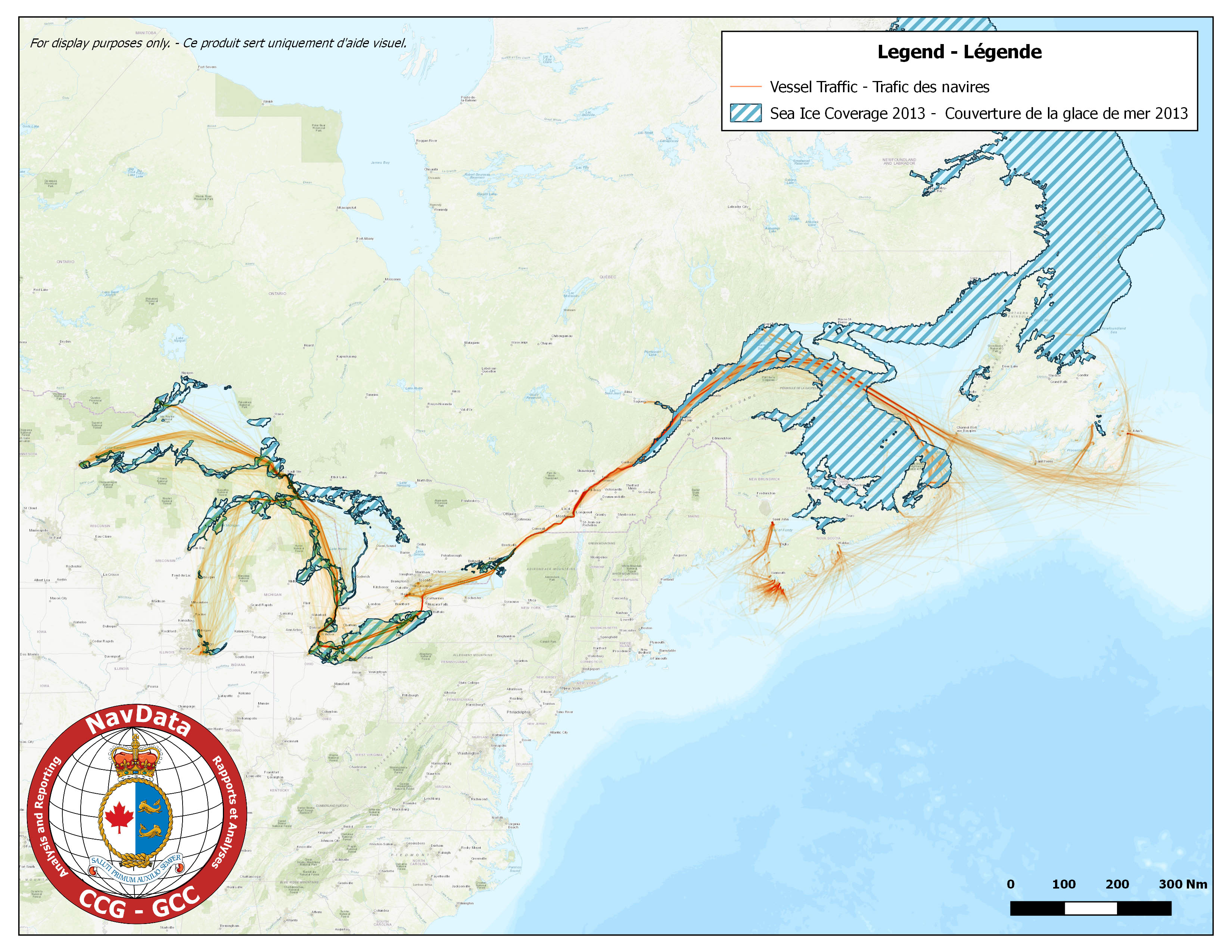 Map showing southern canada traffic density and maximum ice coverage for season of 2013