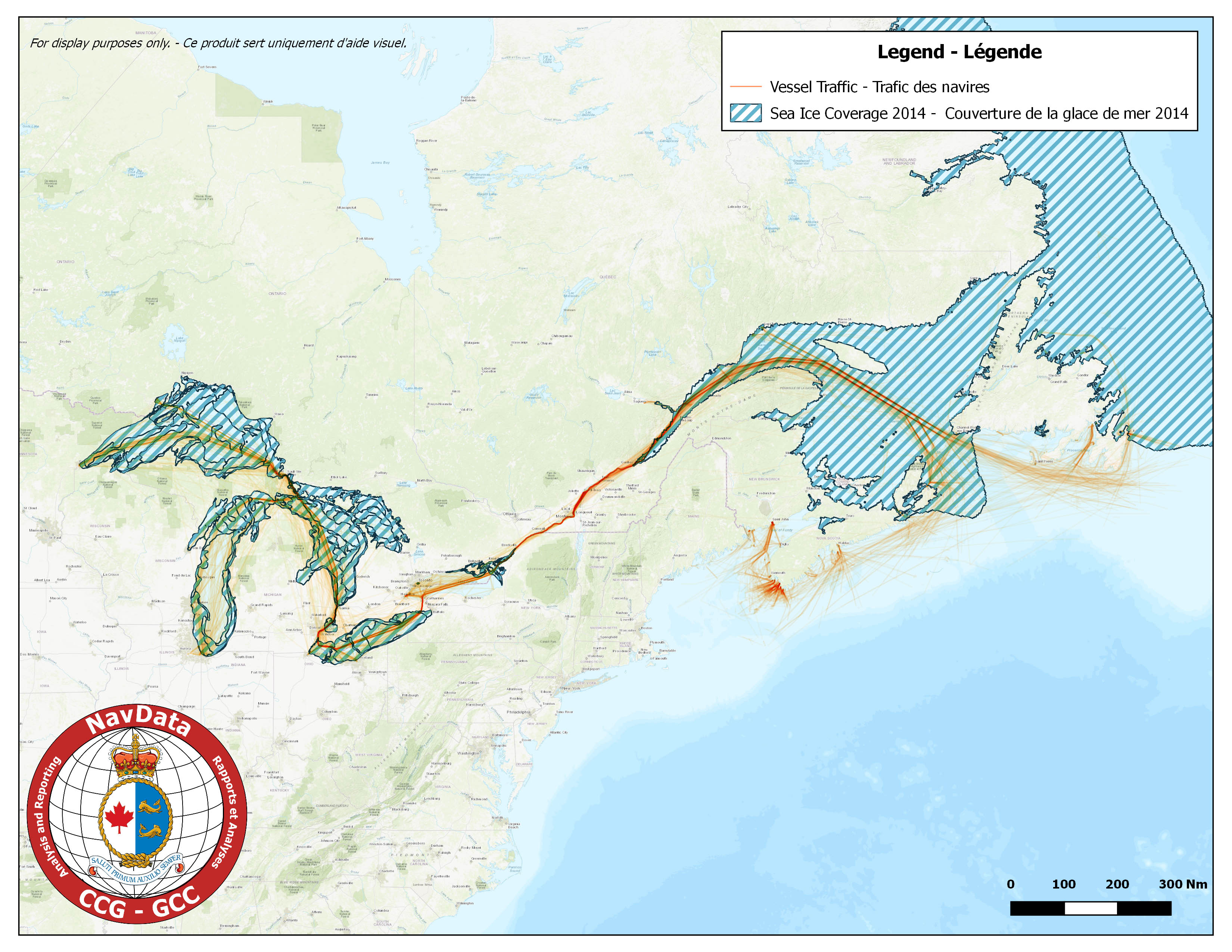 Map showing southern canada traffic density and maximum ice coverage for season of 2014