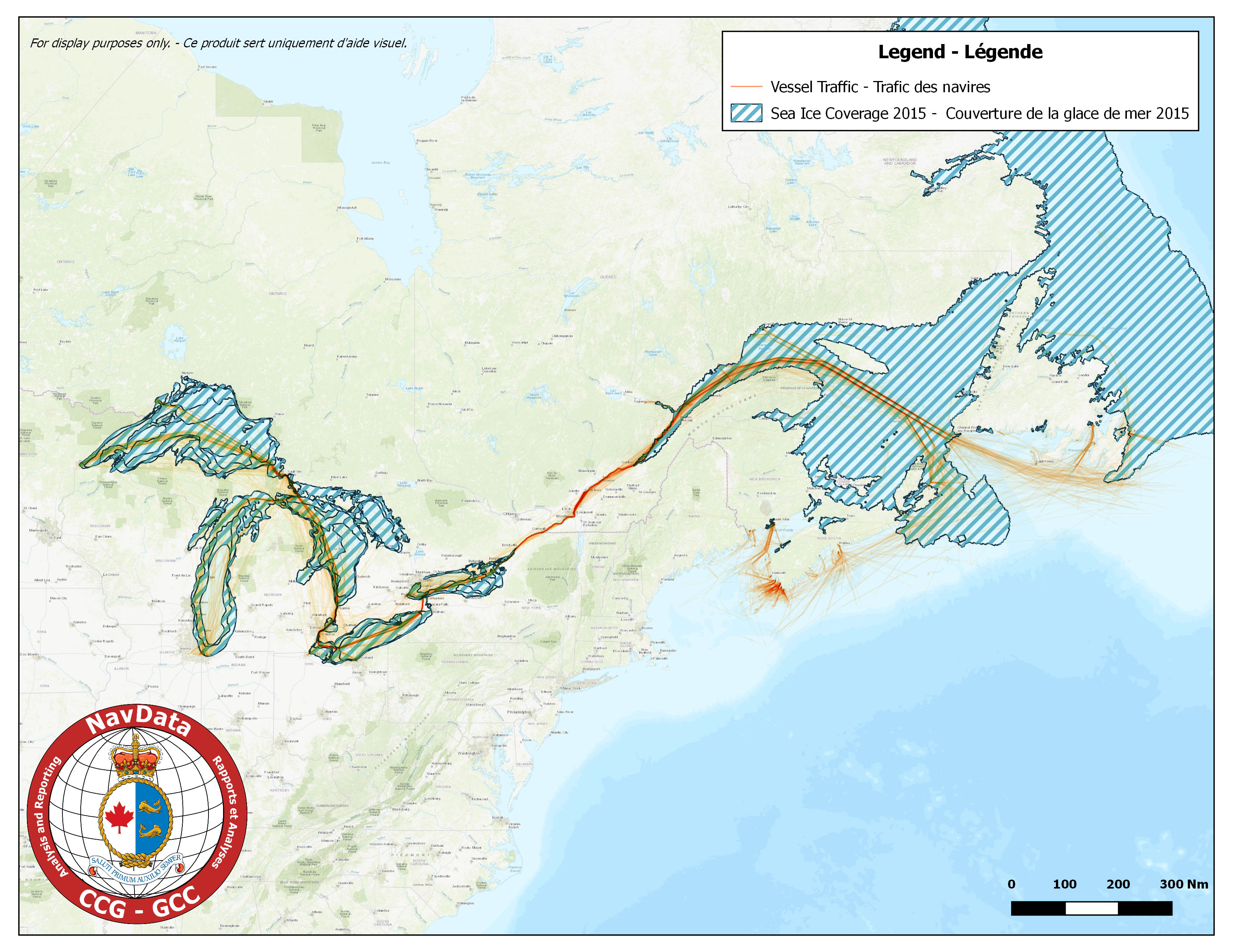 Map showing southern canada traffic density and maximum ice coverage for season of 2015