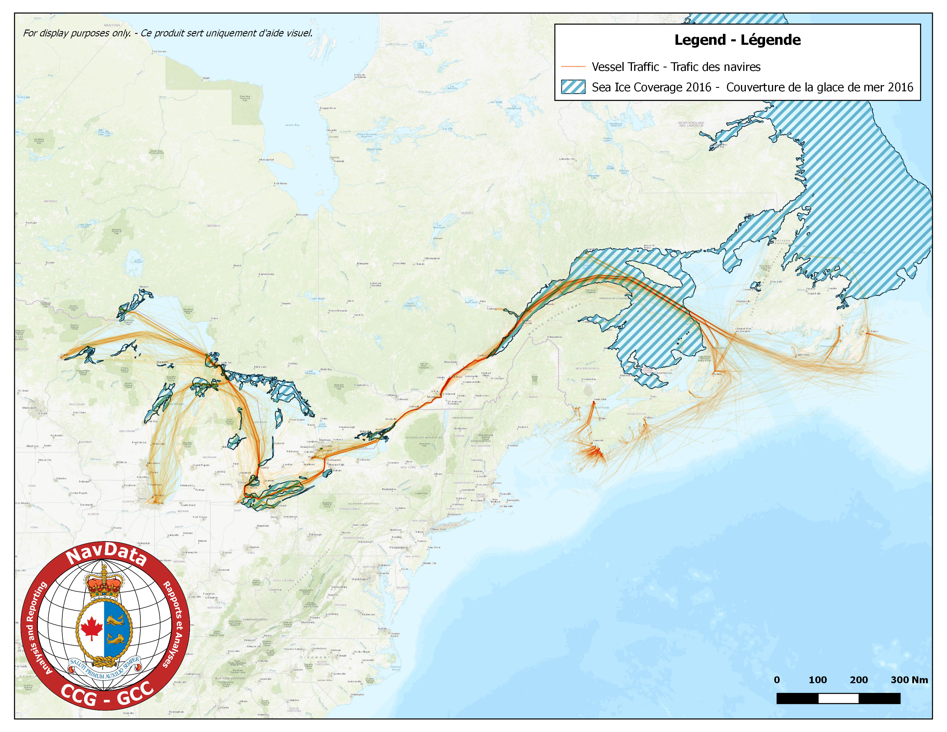 Map showing southern canada traffic density and maximum ice coverage for season of 2016