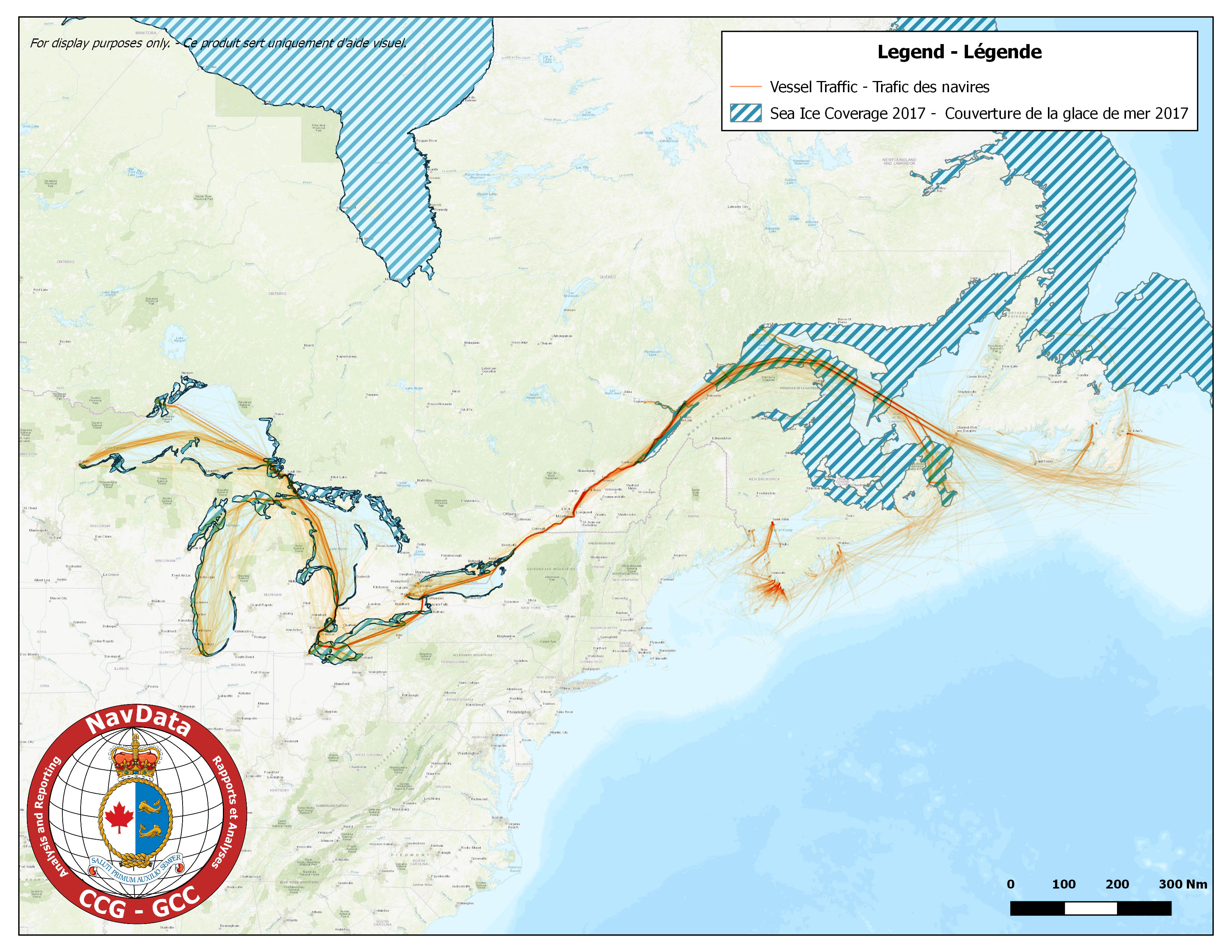Carte du sud du Canada illustrant la concentration de circulation maritime et la superficie maximale de glace pour 2017