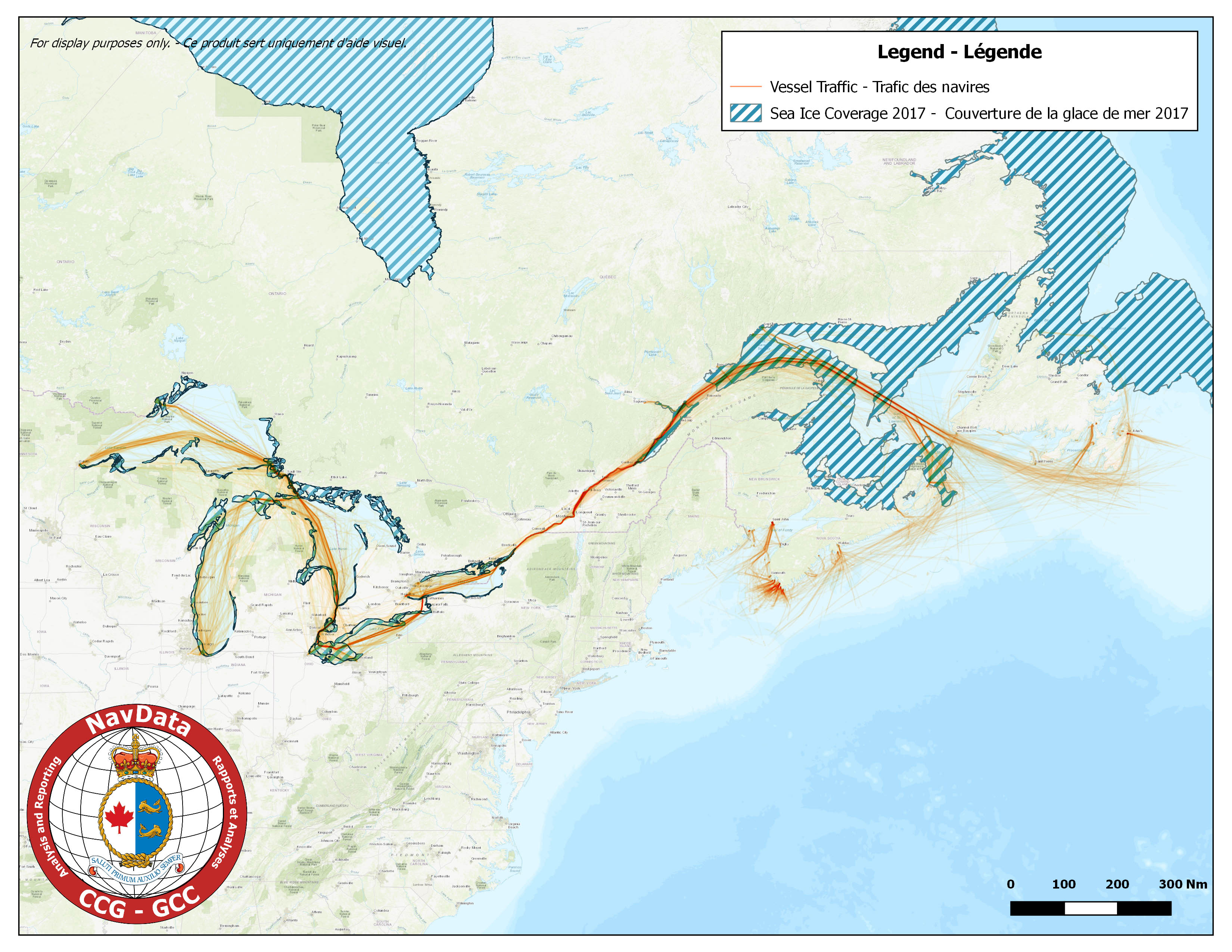 Map showing southern canada traffic density and maximum ice coverage for season of 2017