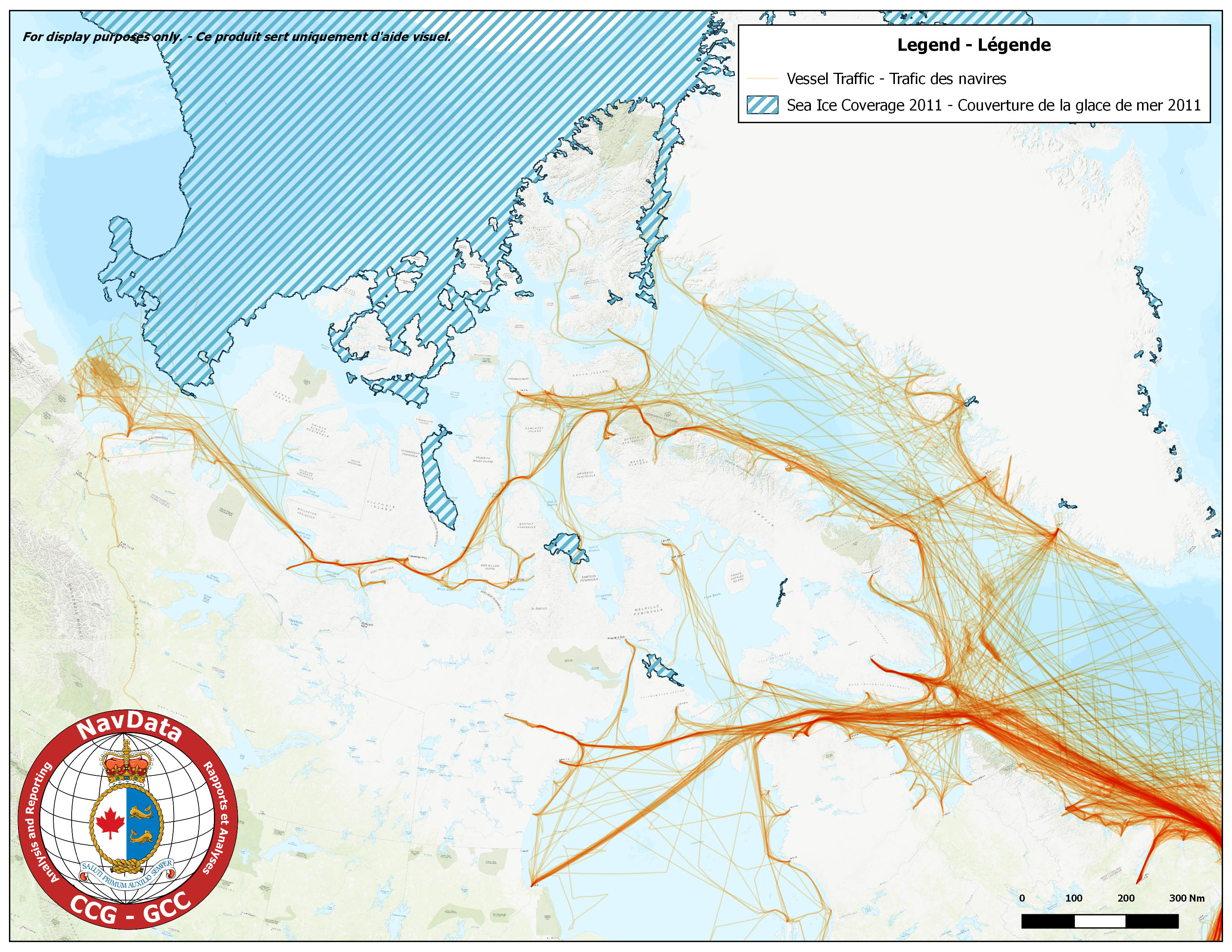 Carte de l'arctique illustrant la concentration de circulation maritime et la superficie maximale de glace pour 2011