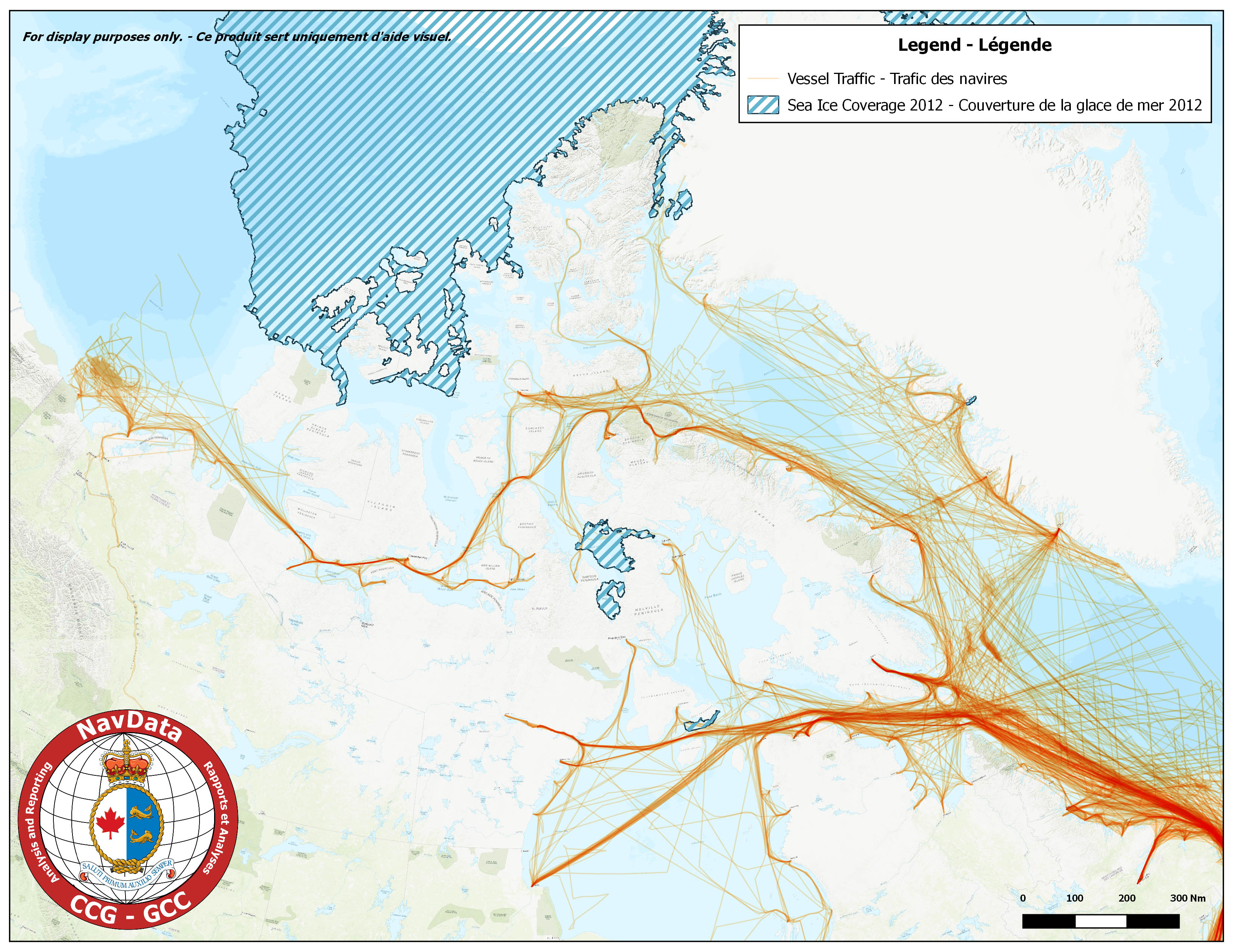 Map showing Arctic traffic density and maximum ice coverage for season of 2012