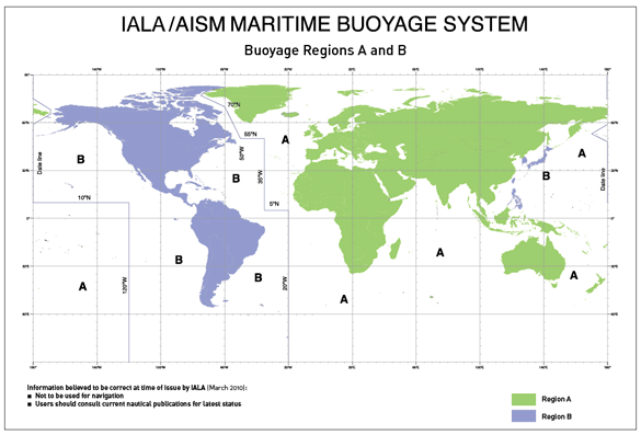 IALA Maritime Buoyage System, Buoyage Regions A and B.