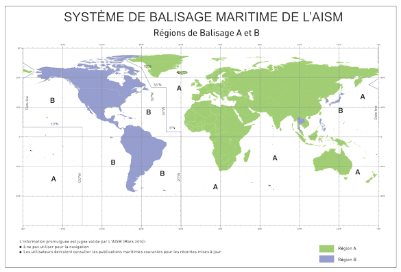 Système de balisage maritime de l'AISM, régions de balisage A et B.