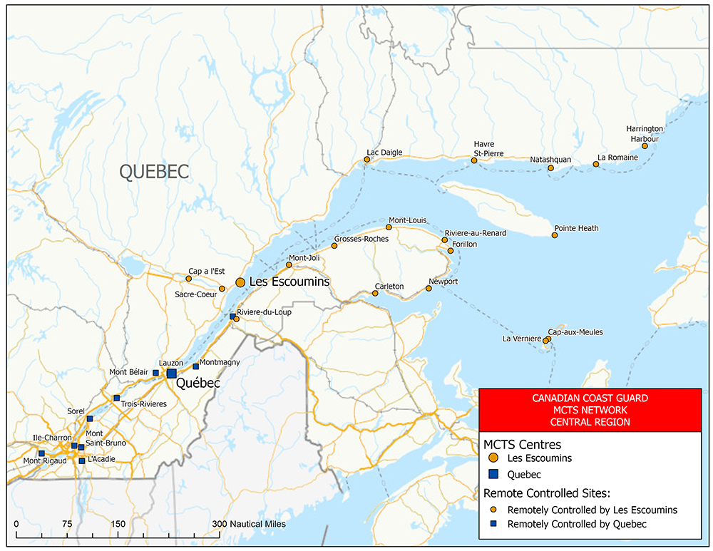 MCTS Network: Centres and Sites - Atlantic Coast – Maritimes region (chart)