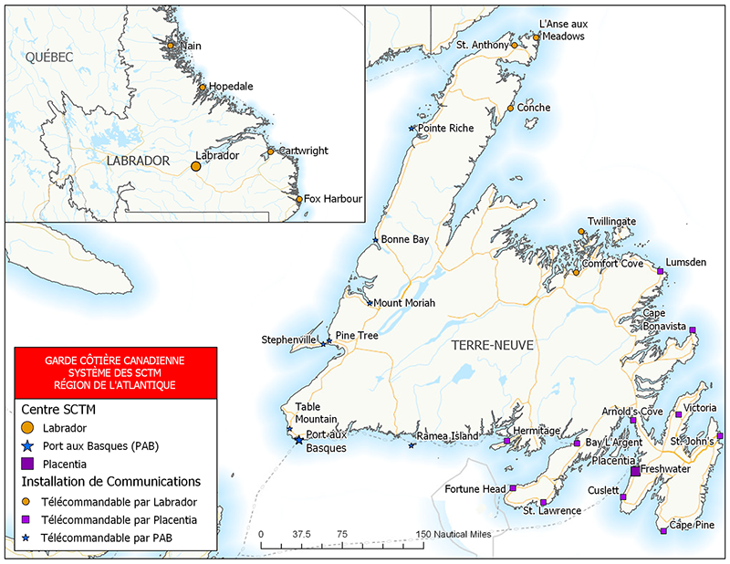 Système des SCTM : Centres et sites – Région de l’Atlantique – Terre-Neuve- et- Labrador (carte)