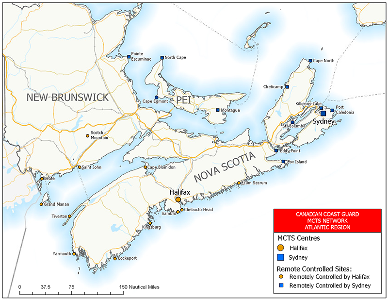 MCTS Network: Centres and Sites - Atlantic Coast – Newfoundland region (chart)