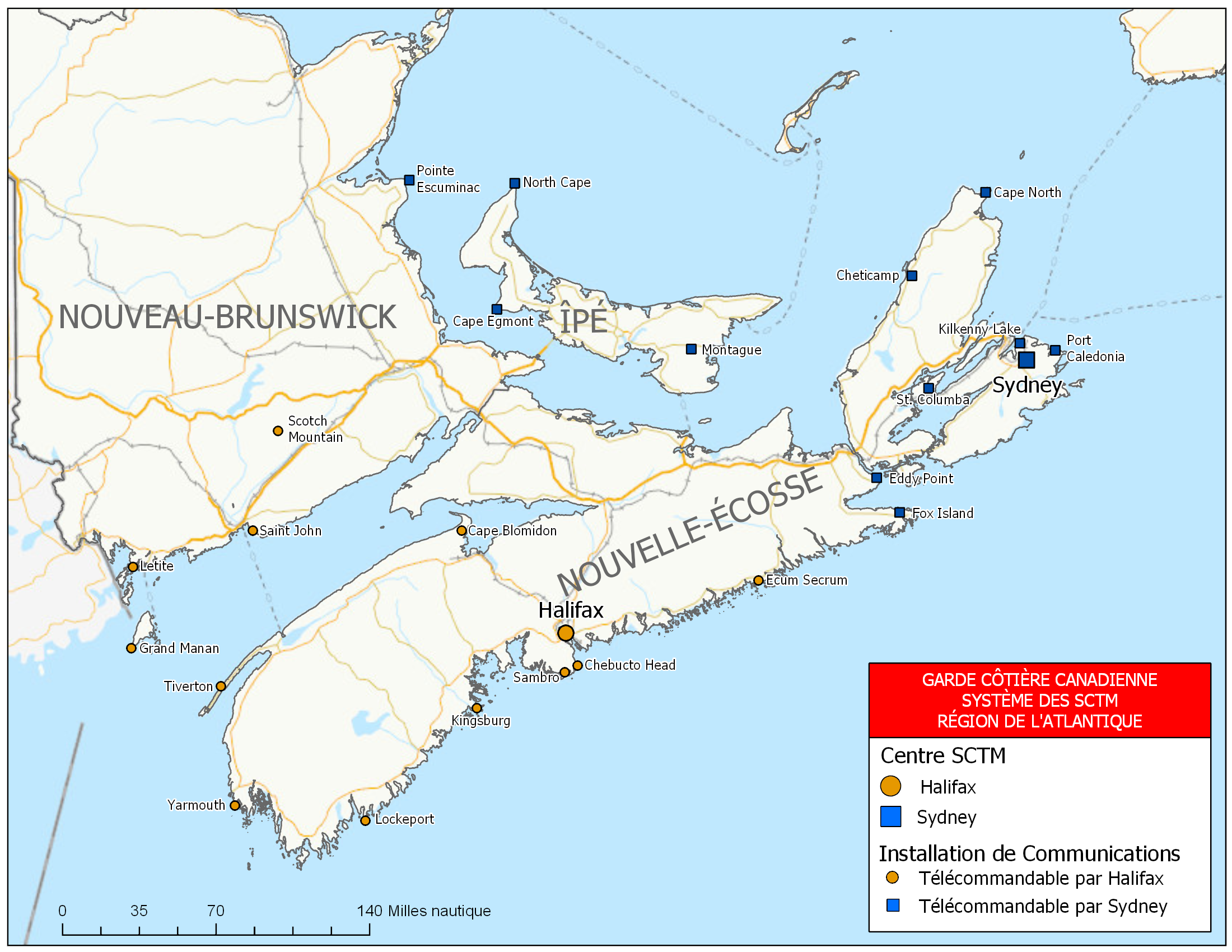 Système des SCTM : Centres et sites – Région de l’Atlantique – Maritimes (carte)
