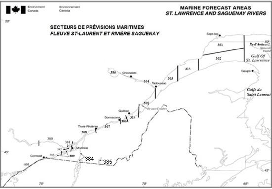 Figure 5-6 - Marine Forecast Areas: St-Lawrence and Saguenay Rivers described below