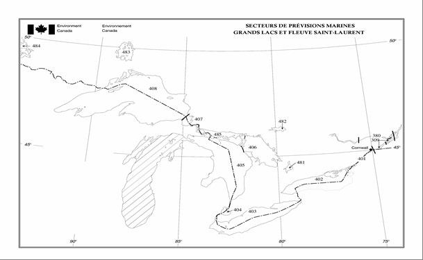 Figure 5-7 Secteurs de prévisions mariyimes pour les Grands Lacs et le fleuve Saint-Laurent décrite ci-dessous