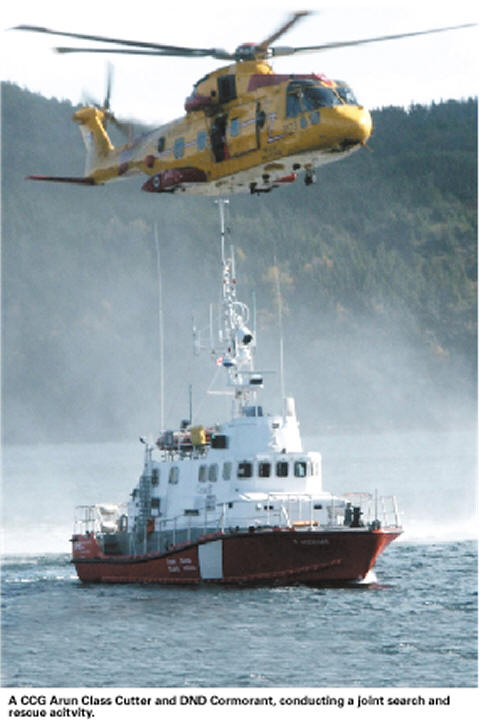 A CCG Arun Class Cutter and DND Cormorant, conducting a joint search and rescue activity