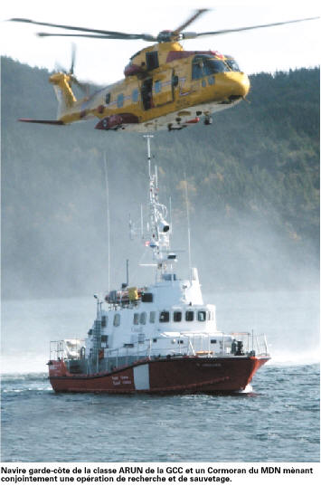 Navire garde-côte de la classe ARUN de la GCC et un Cormoran du MDN ménant conjointement une opération de recherche et de sauvetage.