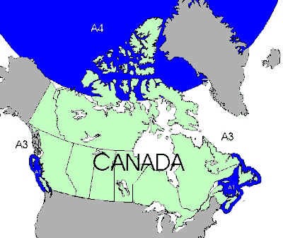 Carte du Canada montrant les zones maritimes A1 et A4 en bleu et la zone maritime A3 en blanc.