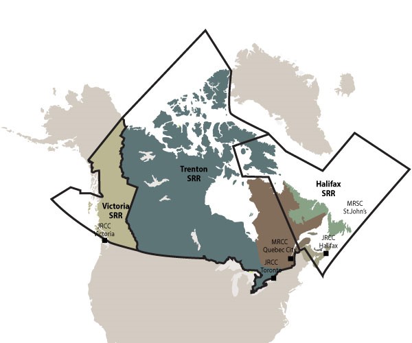 Map of Canada showing 3 search and rescue regions.