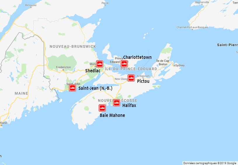 Carte montrant les stations dans le secteur des Maritimes.