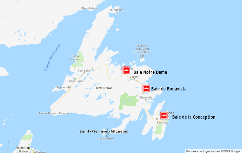 Carte montrant les stations dans le secteur de Terre-Neuve-et-Labrador.