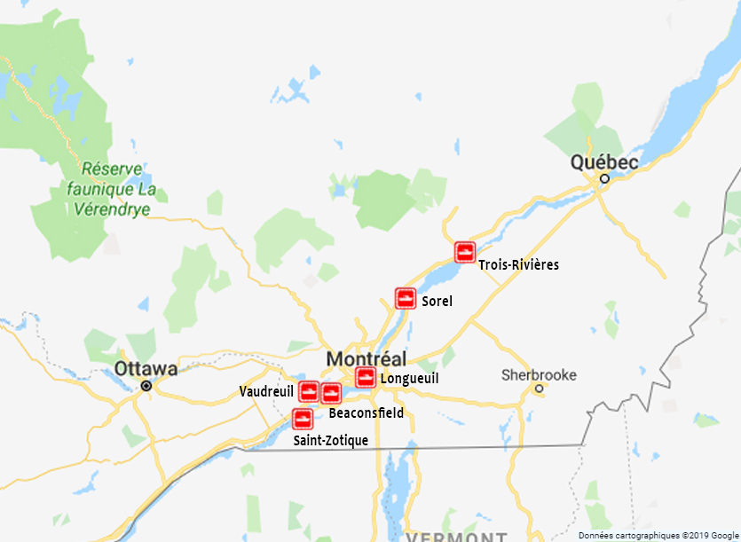 Carte montrant les stations dans le secteur du Saint-Laurent.